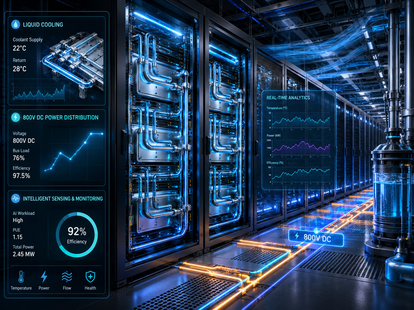 Integrated Liquid Cooling, 800V Power Distribution, and Sensing Analytics: Data Centers Break Through Thermal Limits